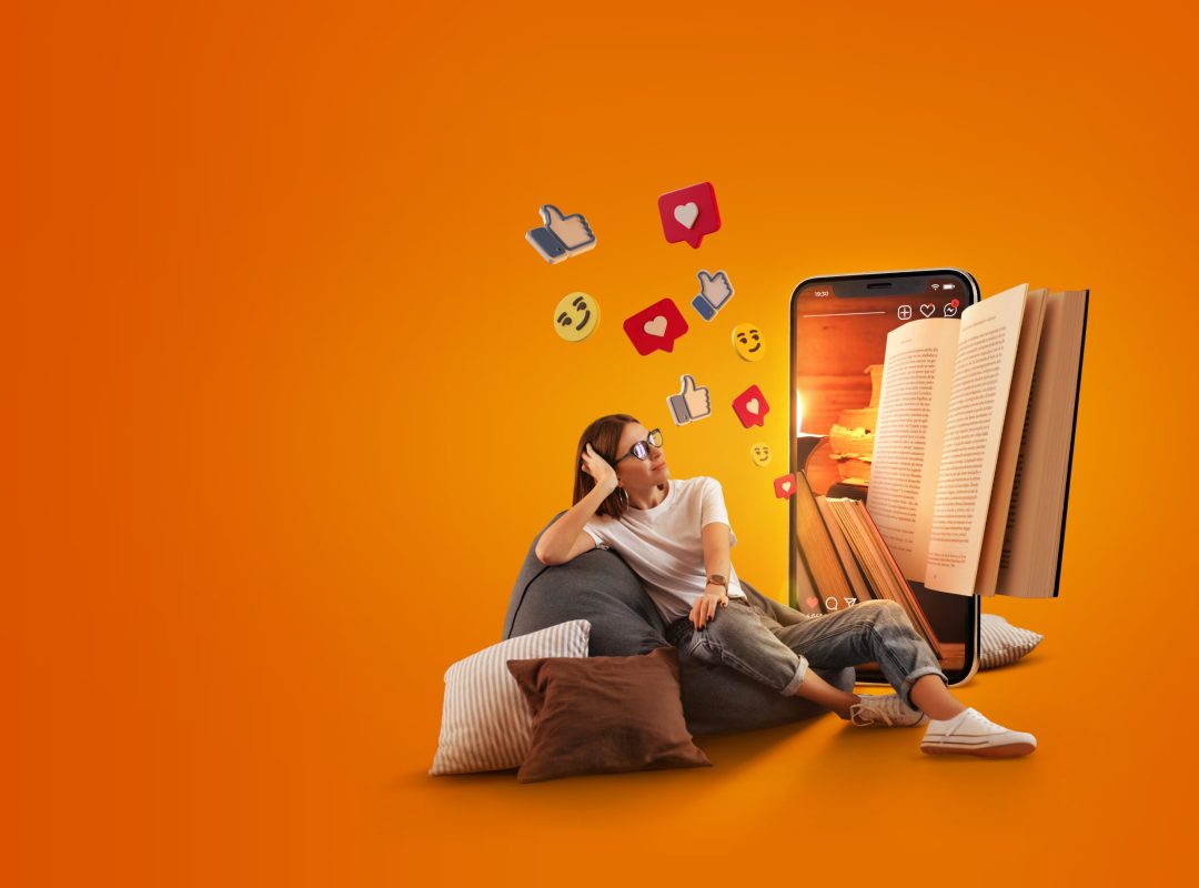 Satisfied woman in jeans and T-shirt relaxed sitting in bag chair against background of shelf with folders.